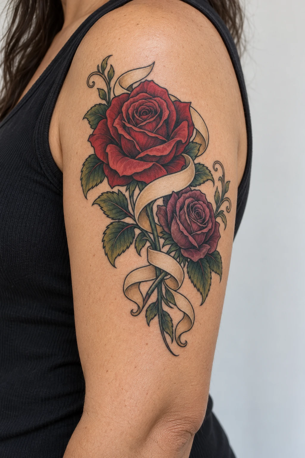 Roses & ribbon neo traditional tattoo on the upper arm