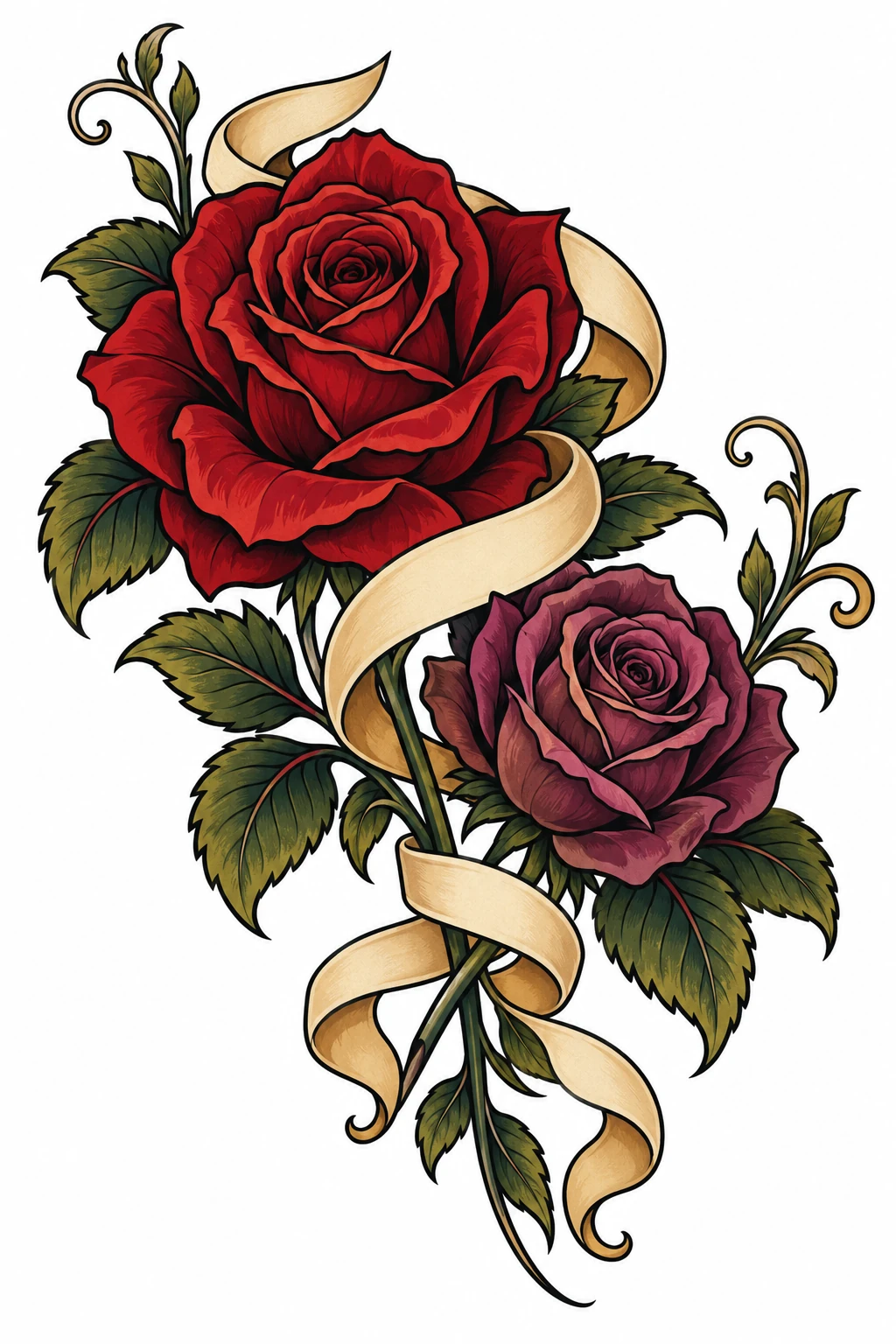 Roses & ribbon, neo traditional tattoo design