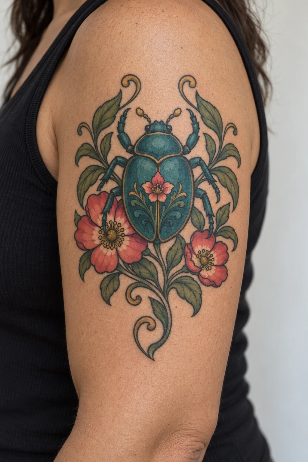 Scarab & floral ornament neo traditional tattoo on the upper arm