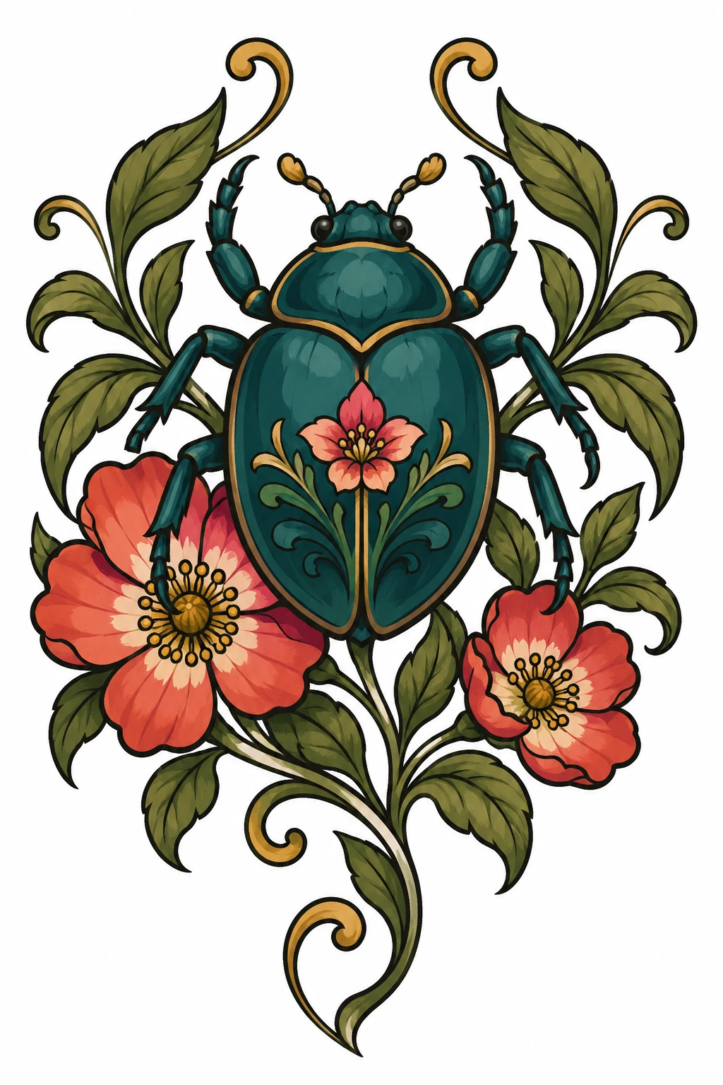 Scarab & floral ornament, neo traditional tattoo design