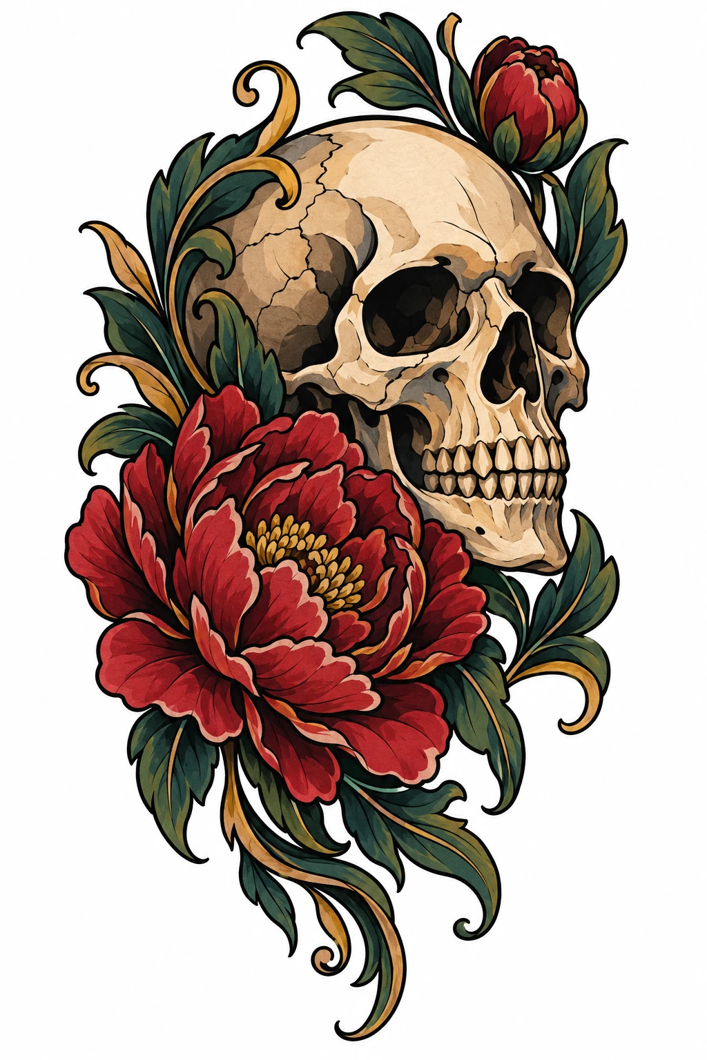 Skull & peony, neo traditional tattoo design