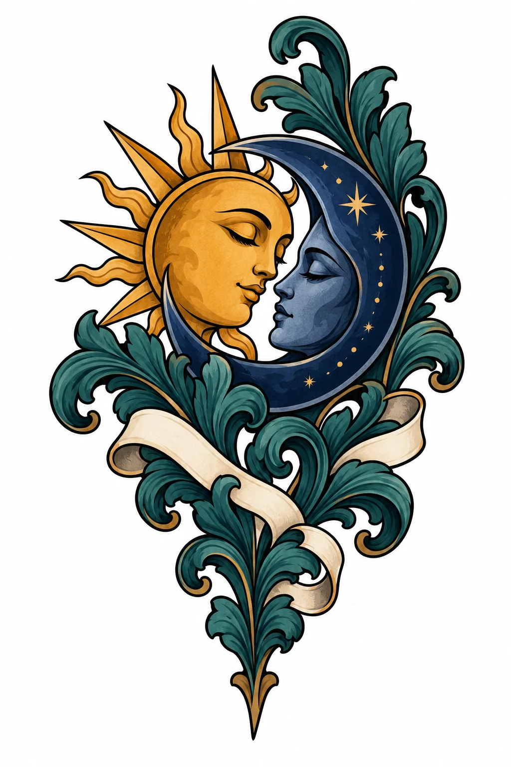 Sun, moon & acanthus, neo traditional tattoo design