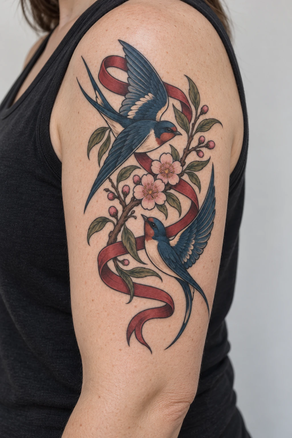 Swallows, blossom & ribbon neo traditional tattoo on the upper arm