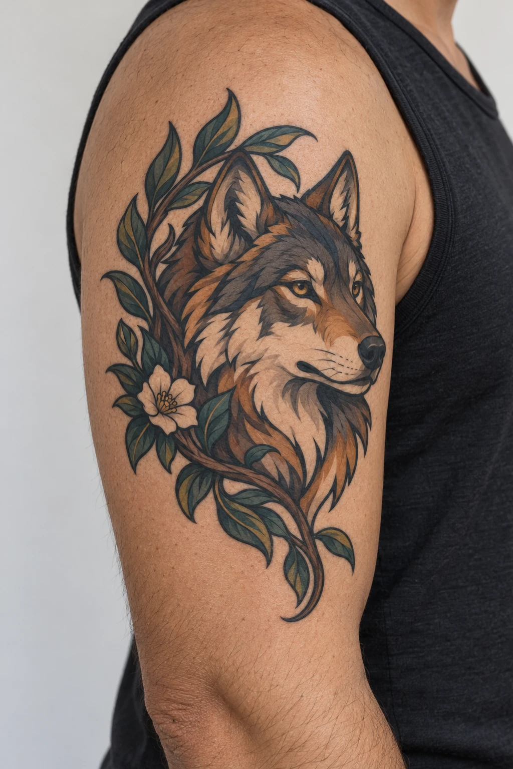 Wolf & foliage neo traditional tattoo on the upper arm